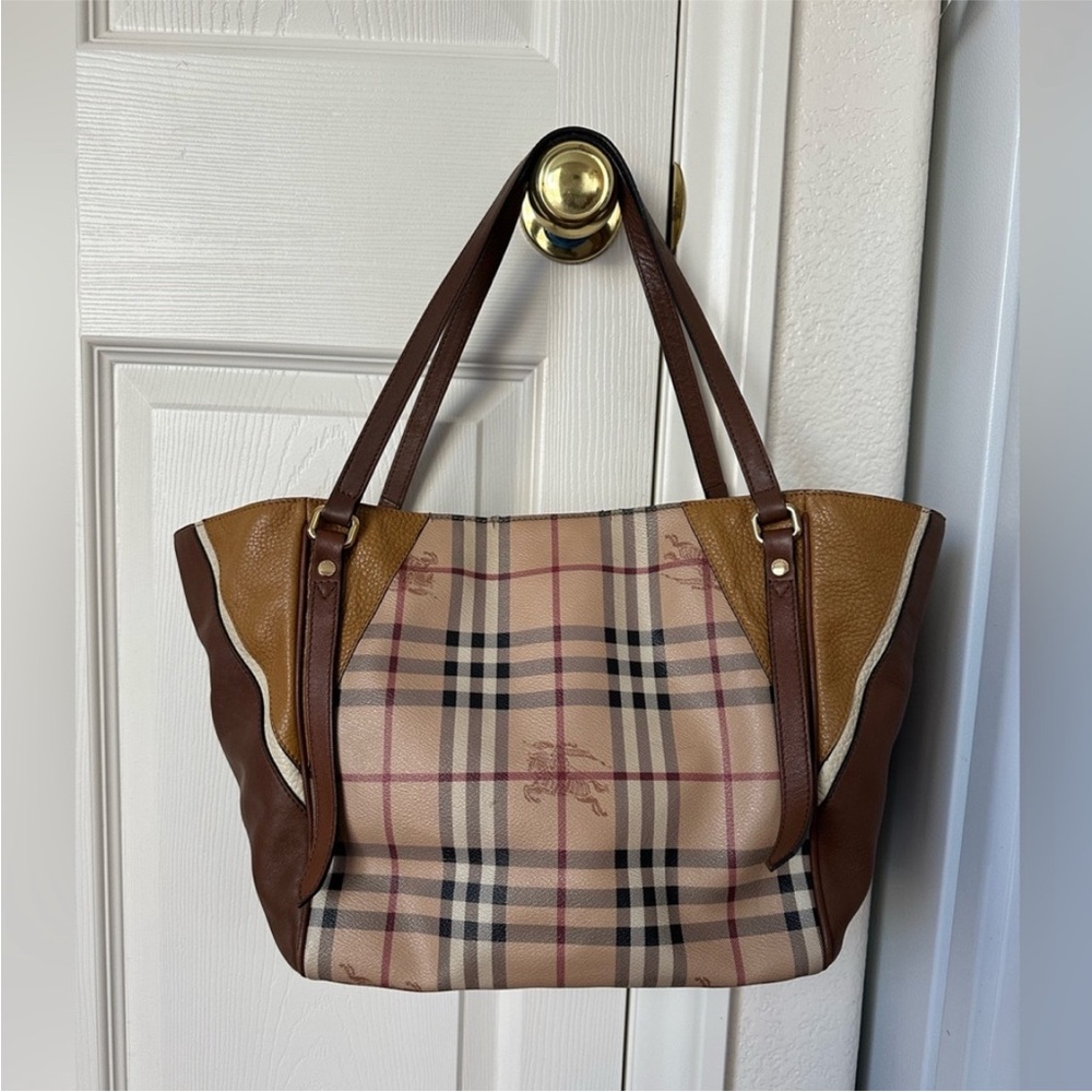 Burberry Beige Plaid & Brown Leather Tote